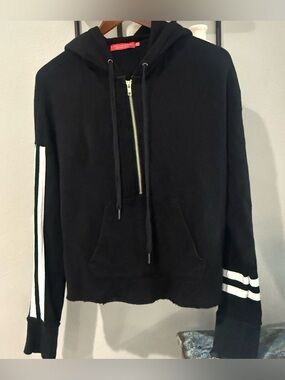 n:PHILANTHROPY Black Cropped Hoodie Stripe Sleeve Half Zip Pullover S